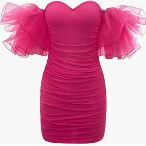 80s Hot Pink Short Party Dress with Puffy Off Shoulder Half Sleeve-Brand New.